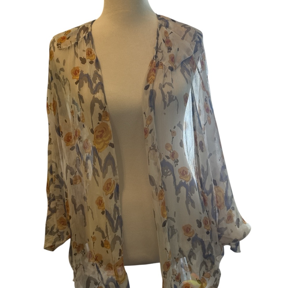 Ellie Meant Cardigan Open Front Silk Floral Sheer Kimono Womens Sz M/L Flowy
